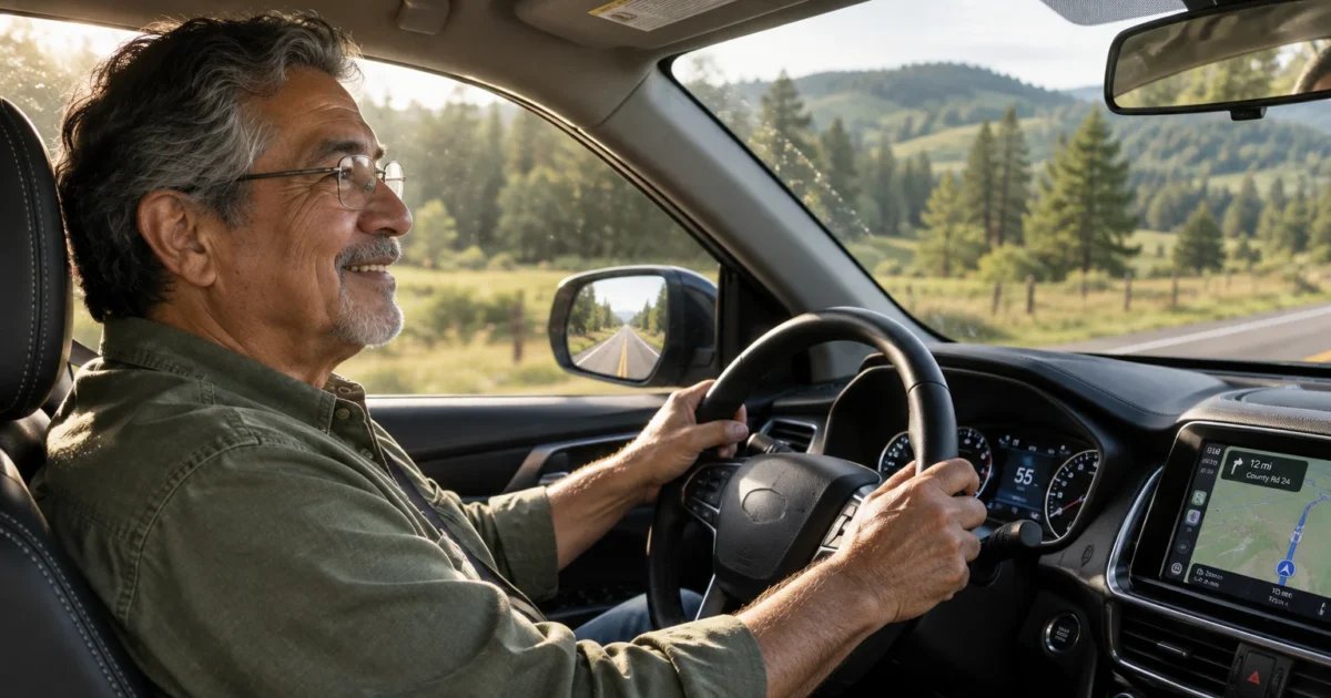 Senior man with glasses and gray hair smiling while driving a car along a scenic country road.