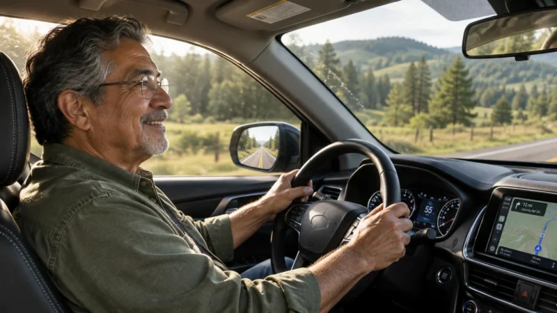Senior man with glasses and gray hair smiling while driving a car along a scenic country road.