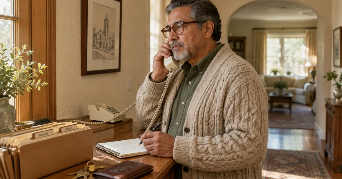 A man wearing glasses and a cardigan talks on a corded landline telephone while writing in a notebook at home.