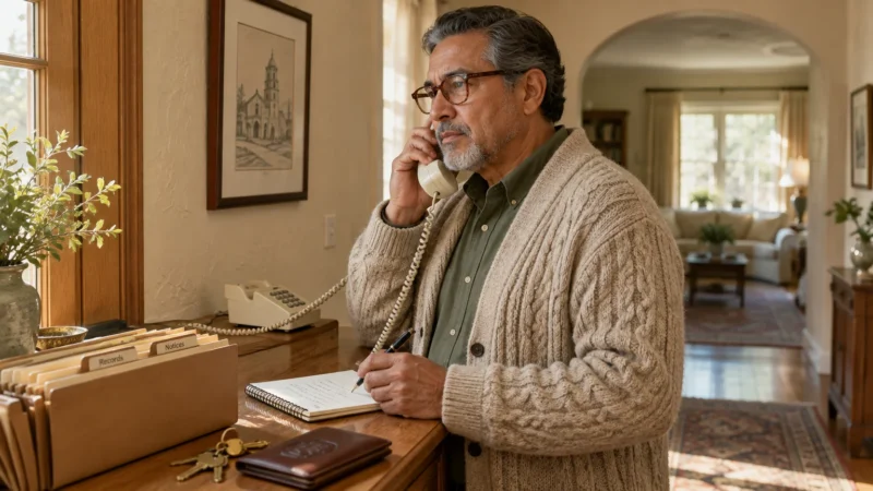 A man wearing glasses and a cardigan talks on a corded landline telephone while writing in a notebook at home.