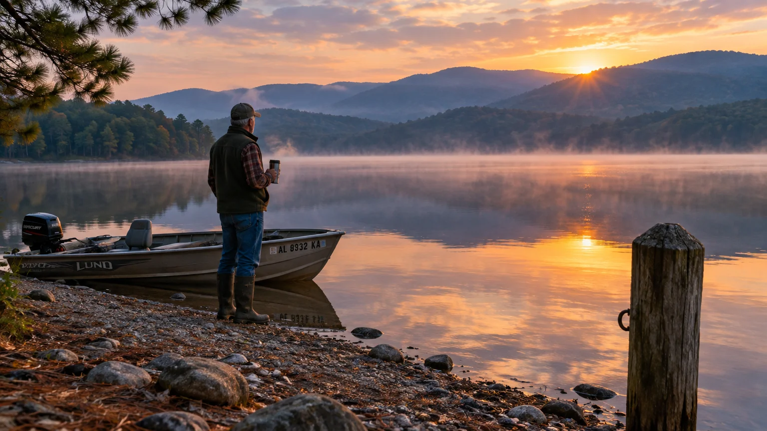 Man holding a mug by a small aluminum fishing boat on a misty lake shore at sunrise with mountains in the background.