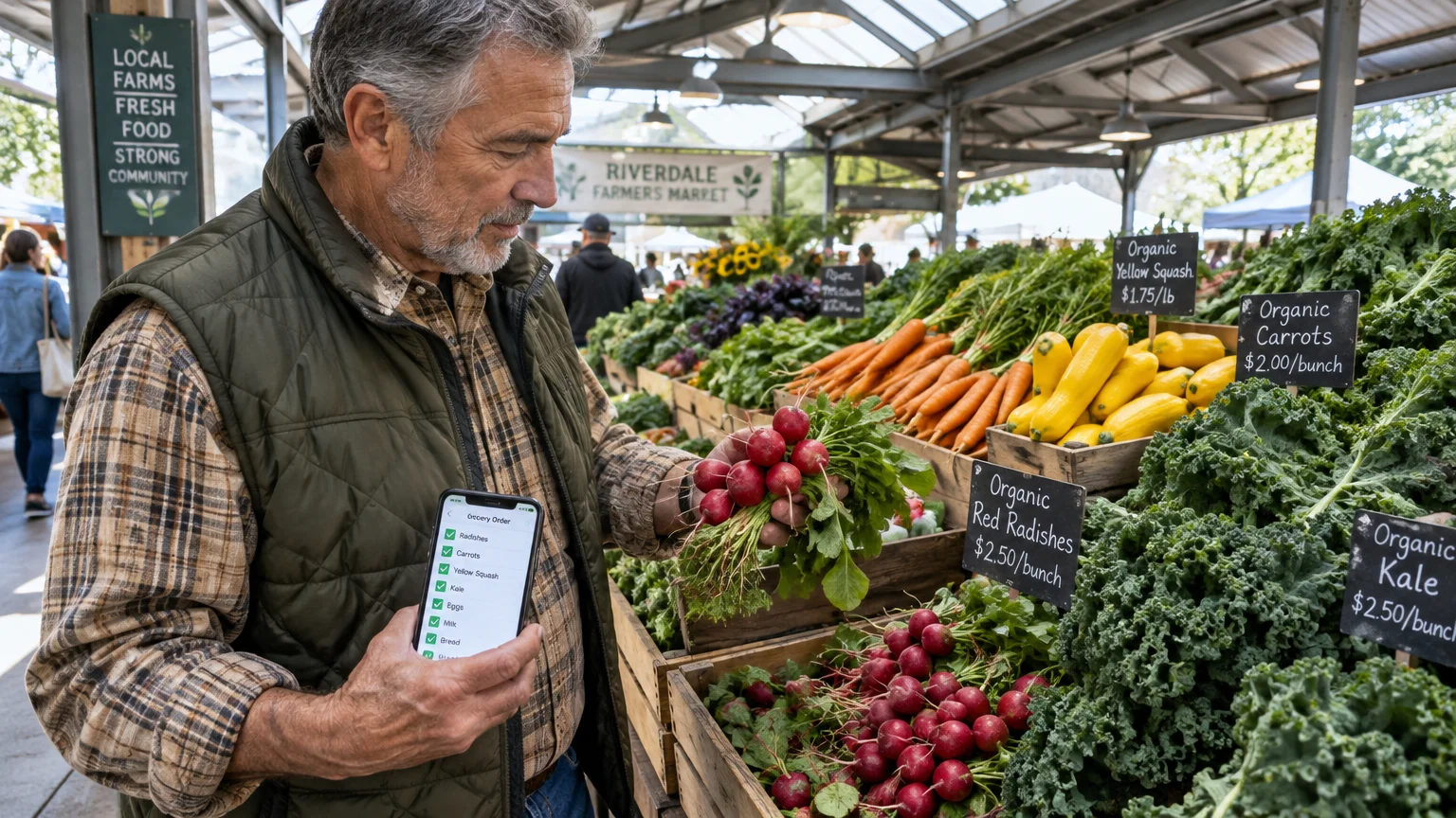 A man holding a smartphone with an order checklist examines fresh radishes at an open-air produce market.