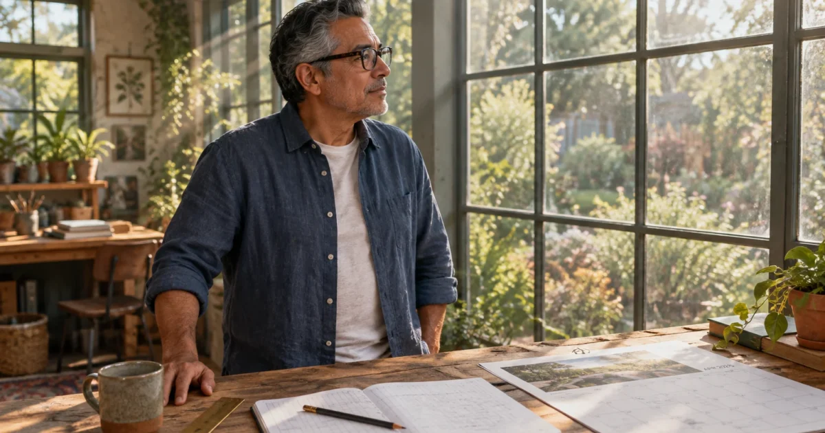 A man with glasses stands at a wooden desk with a notebook and calendar, gazing thoughtfully out a large window.
