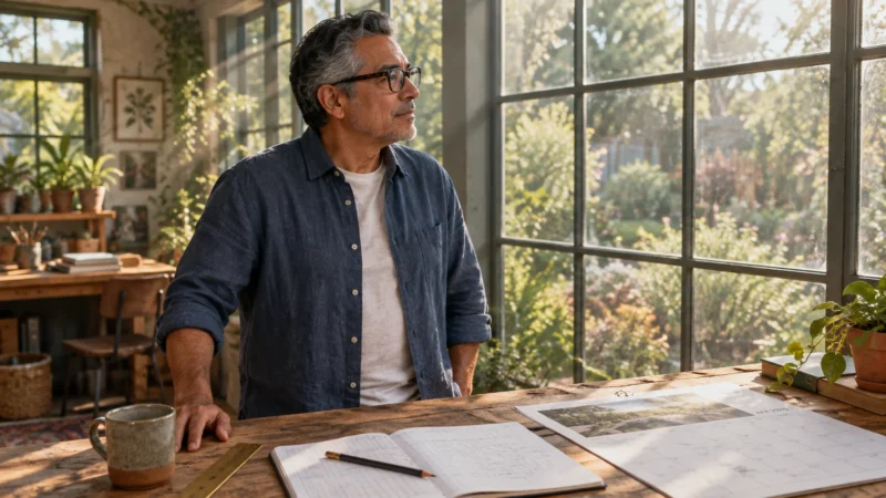 A man with glasses stands at a wooden desk with a notebook and calendar, gazing thoughtfully out a large window.