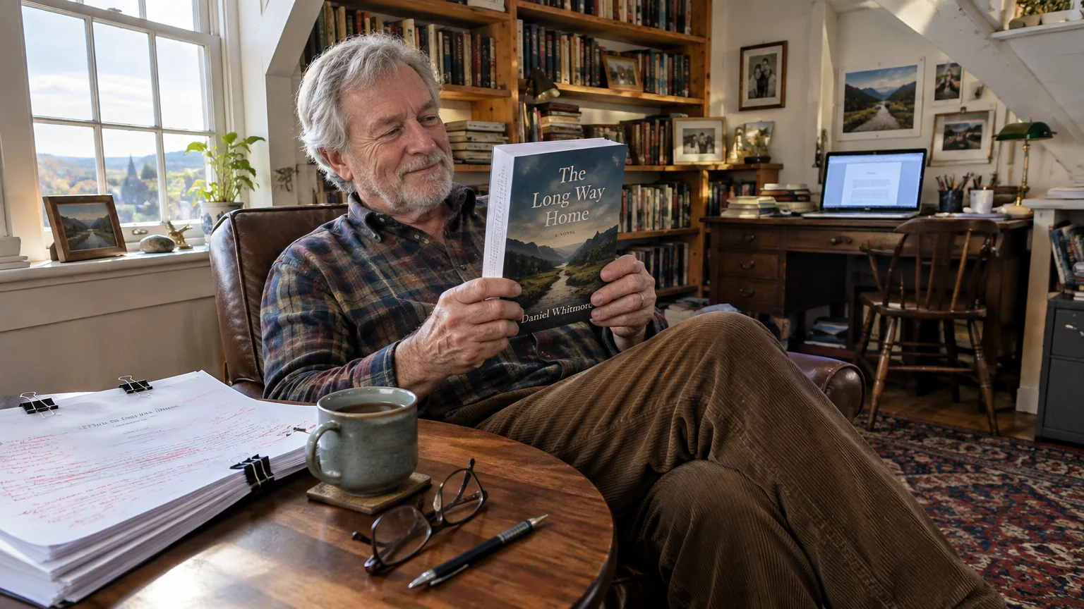 A senior man sits in an armchair holding a novel titled The Long Way Home beside manuscripts and a mug.