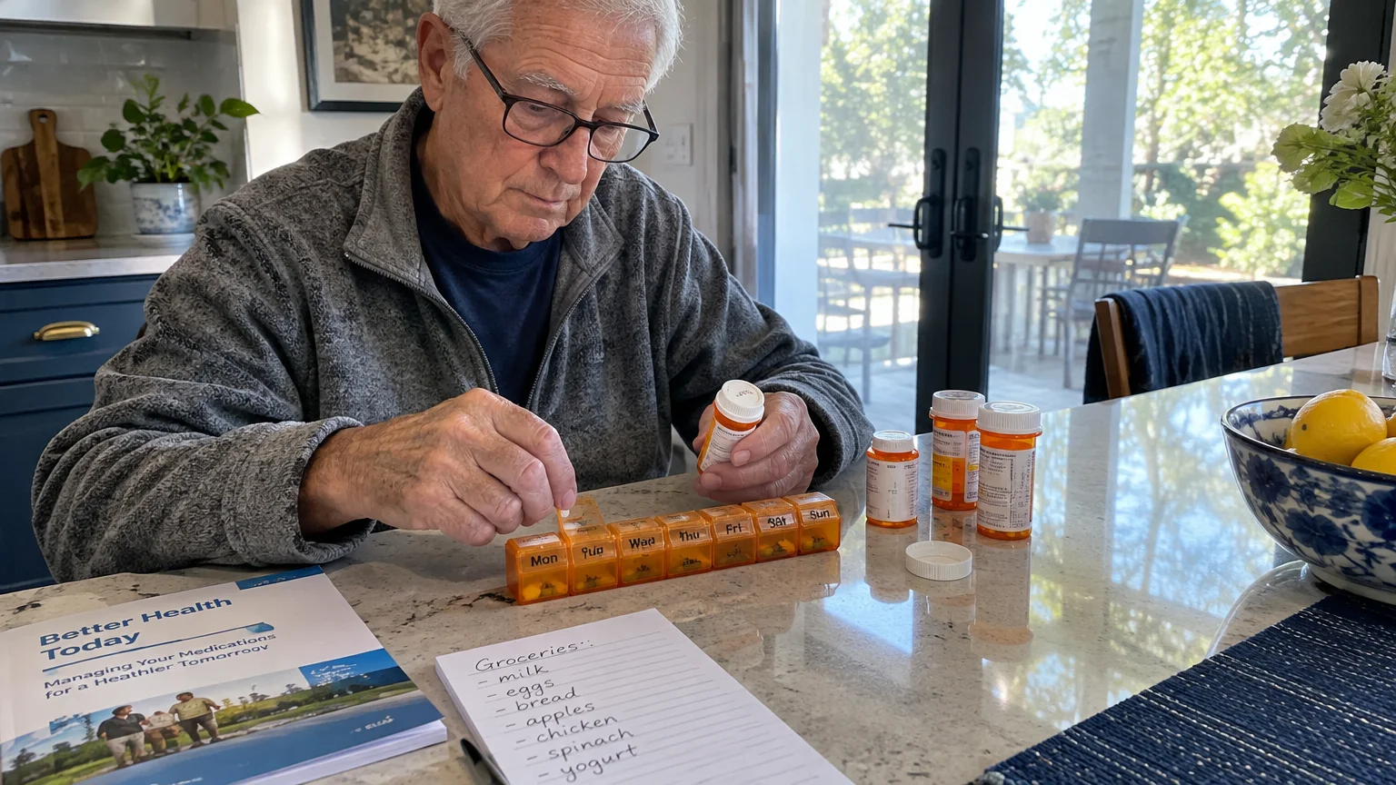 An older man wearing glasses sorts pills into an orange weekly organizer beside prescription bottles at a counter.