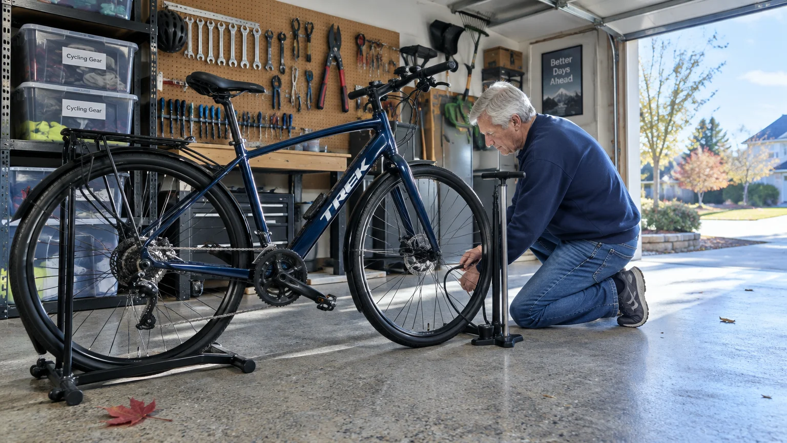 A senior man kneels in a garage workshop to pump air into the front tire of a dark blue Trek bicycle.