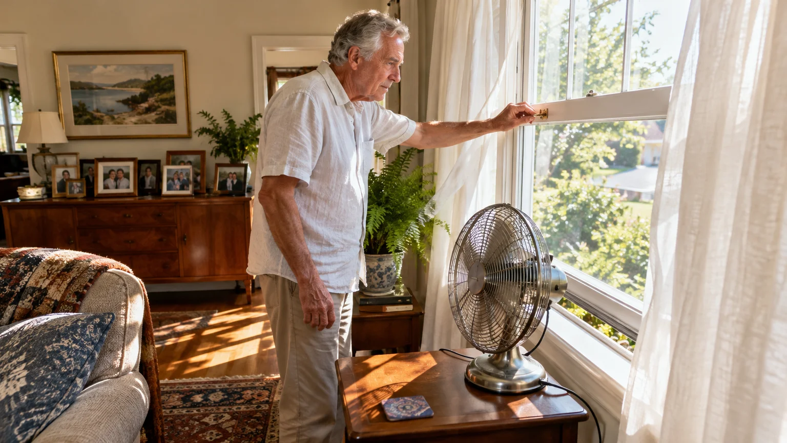 An older man in a short-sleeved shirt opens a window beside an electric desk fan in a sunny living room.