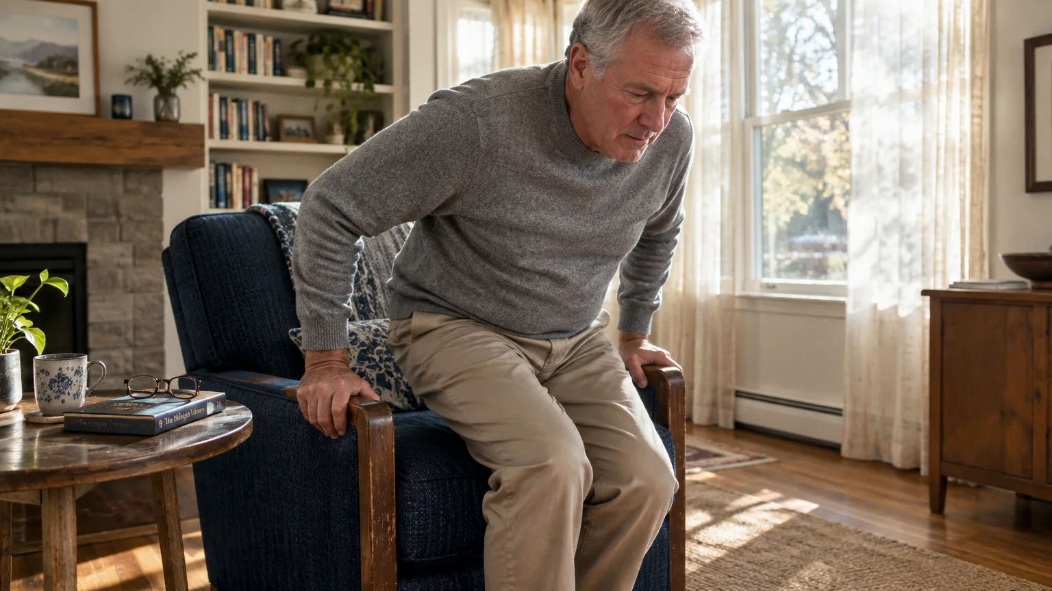 Older man with grey hair wearing a sweater pushing himself up from a blue armchair in a living room.
