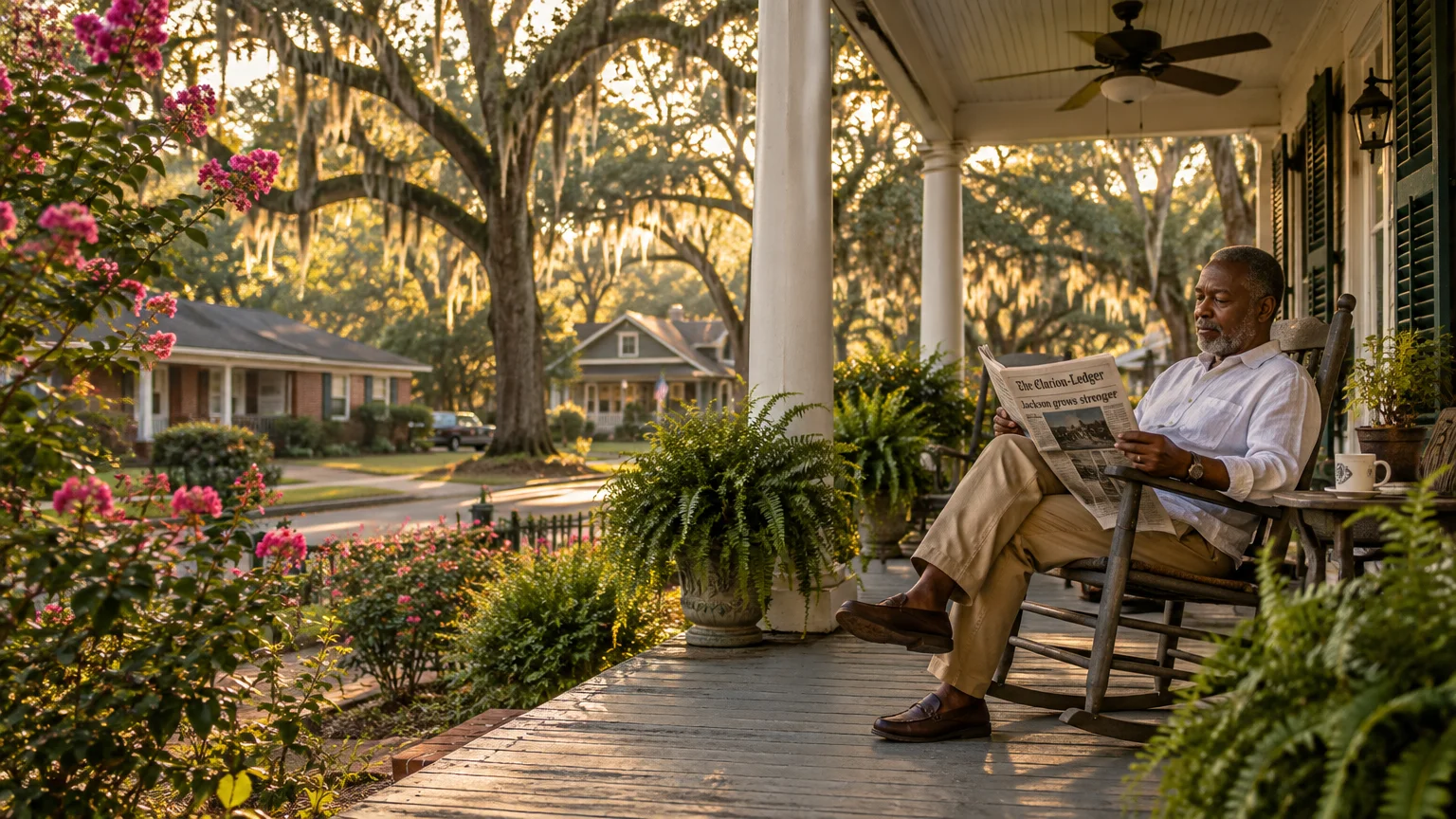 Older man reading a newspaper in a rocking chair on a porch overlooking a southern street lined with mossy oak trees.