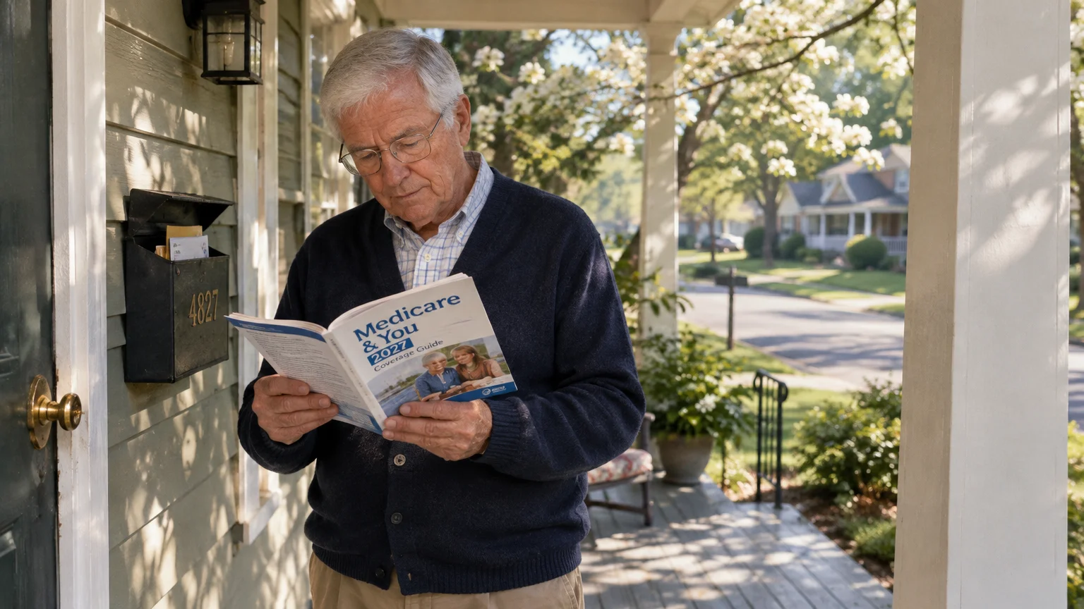 Senior man with glasses standing on a front porch reading a Medicare booklet.