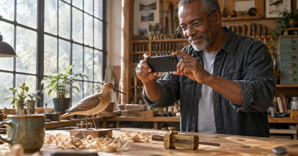 Senior man in a workshop using a smartphone to photograph a carved wooden bird on a workbench.
