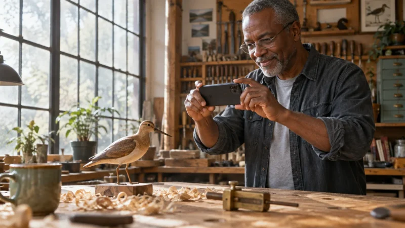 Senior man in a workshop using a smartphone to photograph a carved wooden bird on a workbench.