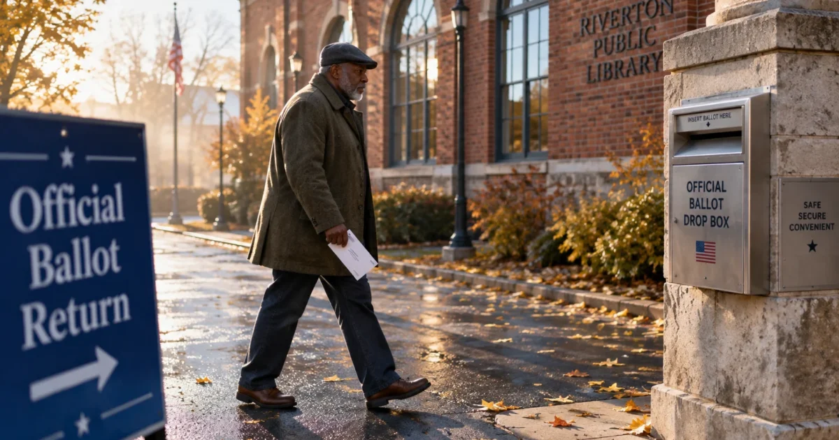 Older man walking toward an official ballot drop box outside Riverton Public Library with an envelope in hand.