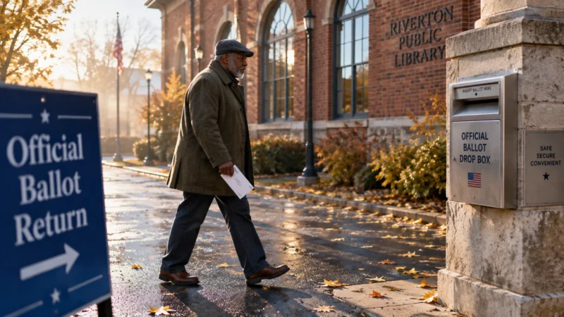 Older man walking toward an official ballot drop box outside Riverton Public Library with an envelope in hand.