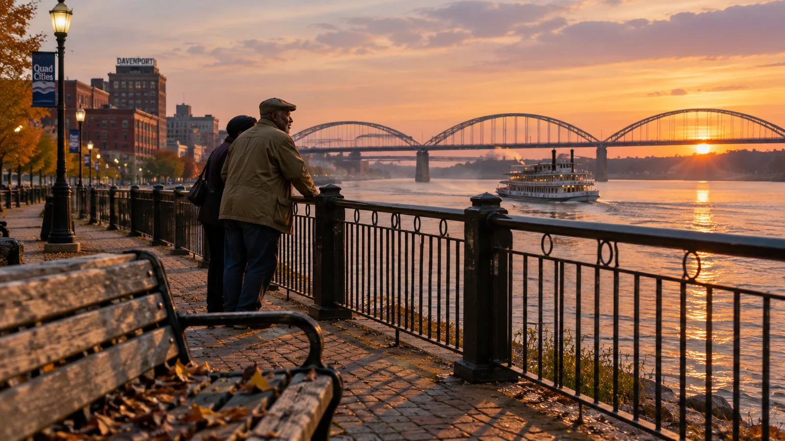 Older couple standing by a riverfront promenade railing at sunset watching a paddlewheel riverboat near arched bridges.