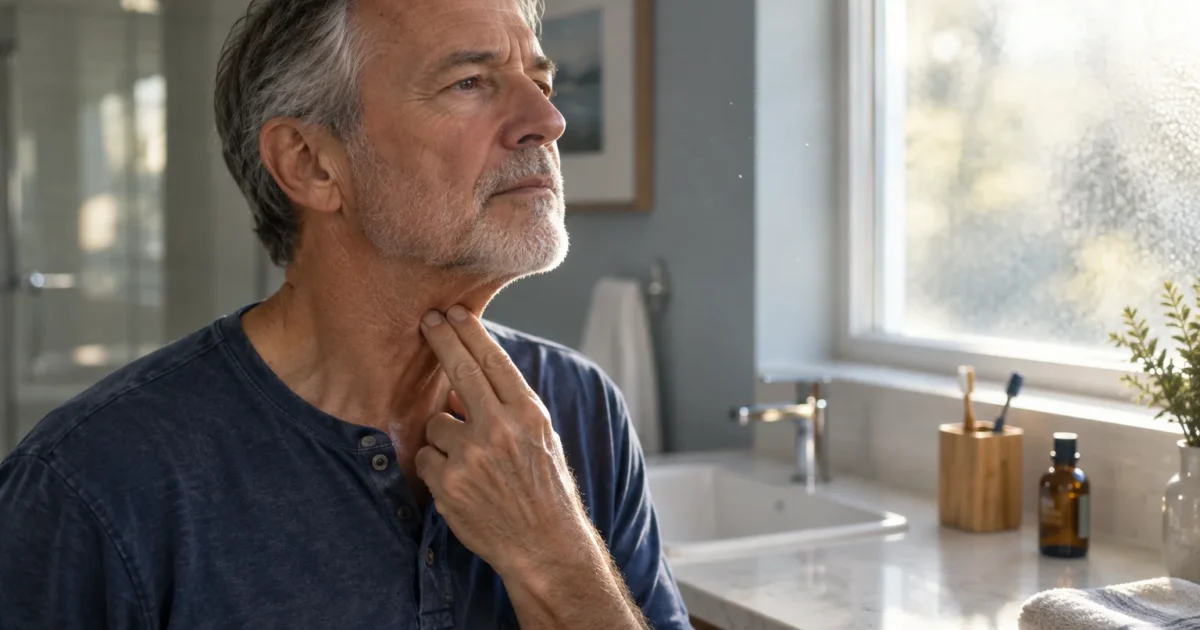Older man touching his neck while looking out a bathroom window beside a sink.