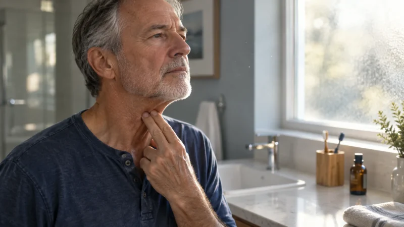Older man touching his neck while looking out a bathroom window beside a sink.