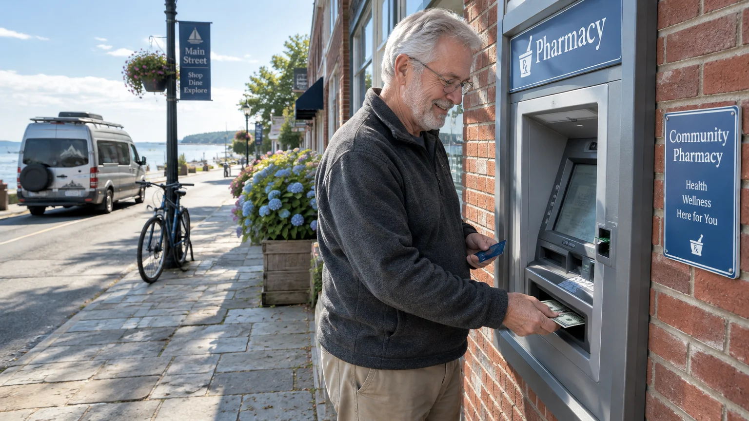A smiling older man with glasses withdraws cash from an outdoor ATM outside a pharmacy on a sunny street sidewalk.