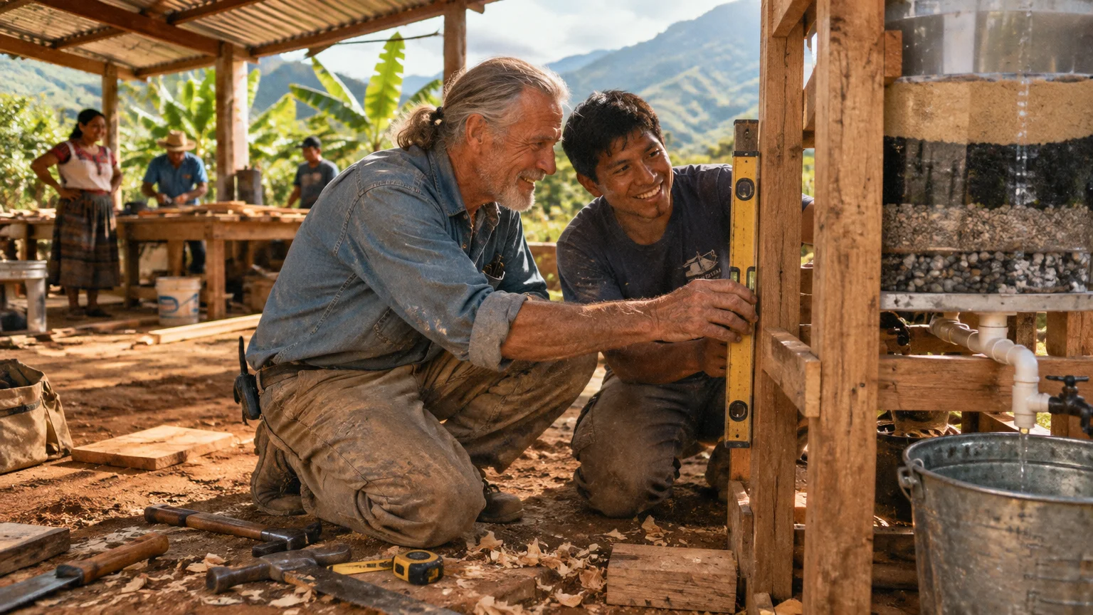 An older man and a younger man kneel together, using a spirit level on a wooden water filtration structure.