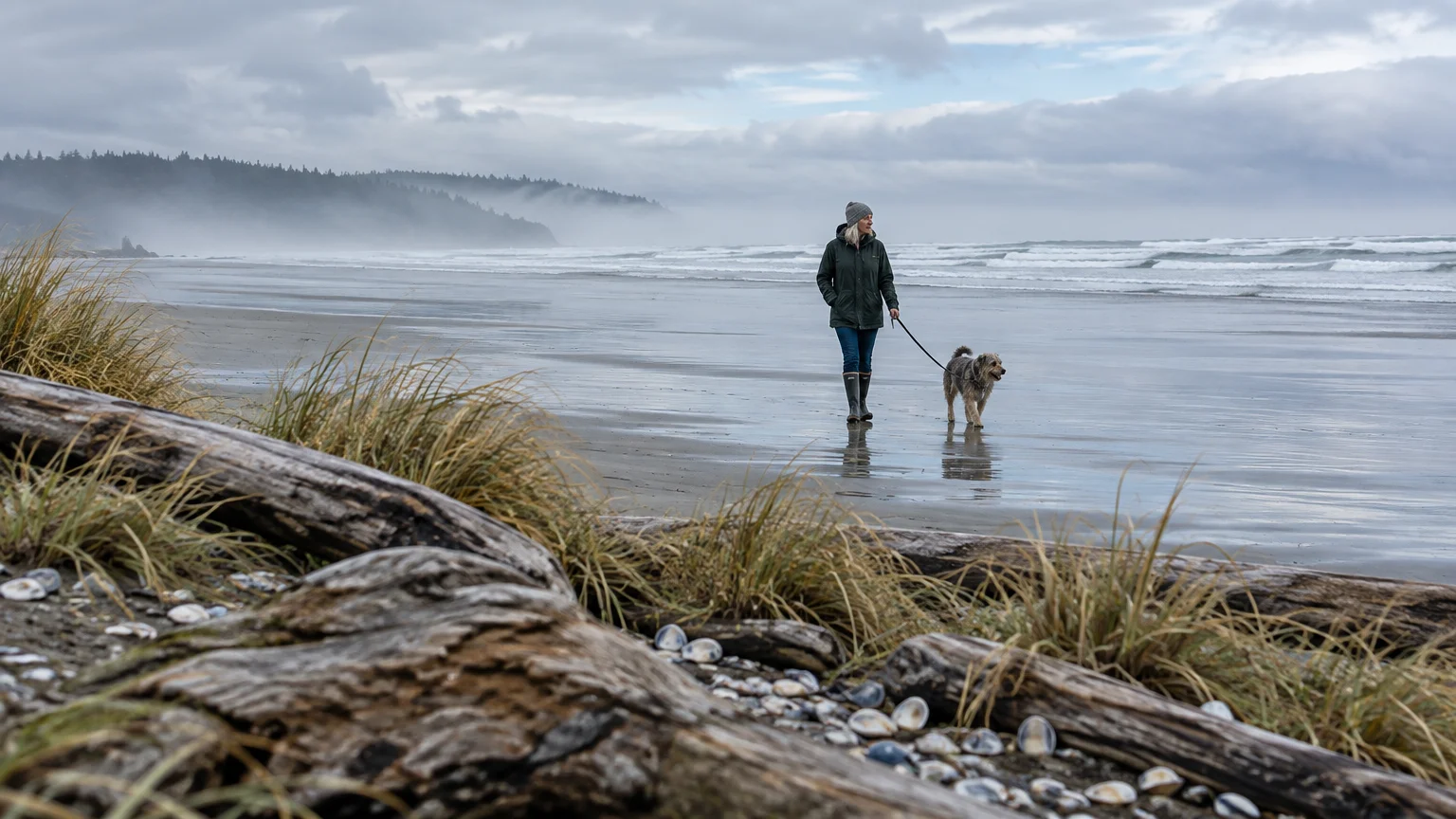 A woman walking a dog along a wide, misty sandy beach with driftwood and ocean waves under cloudy skies.
