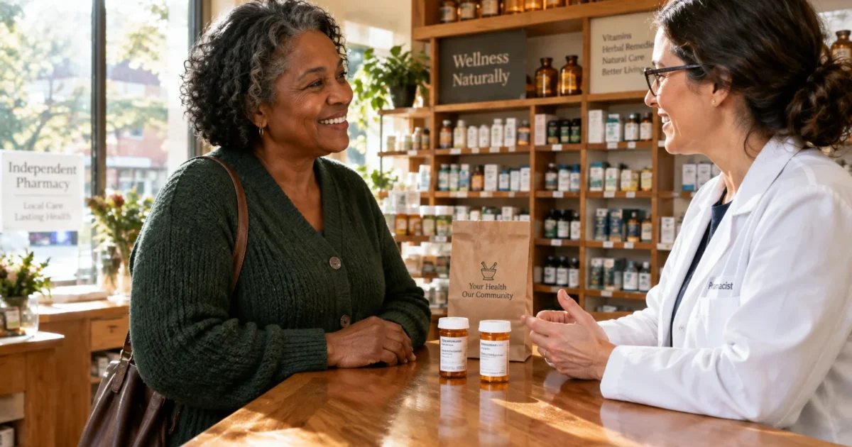 A pharmacist speaks with an older woman across a wooden counter with prescription pill bottles.