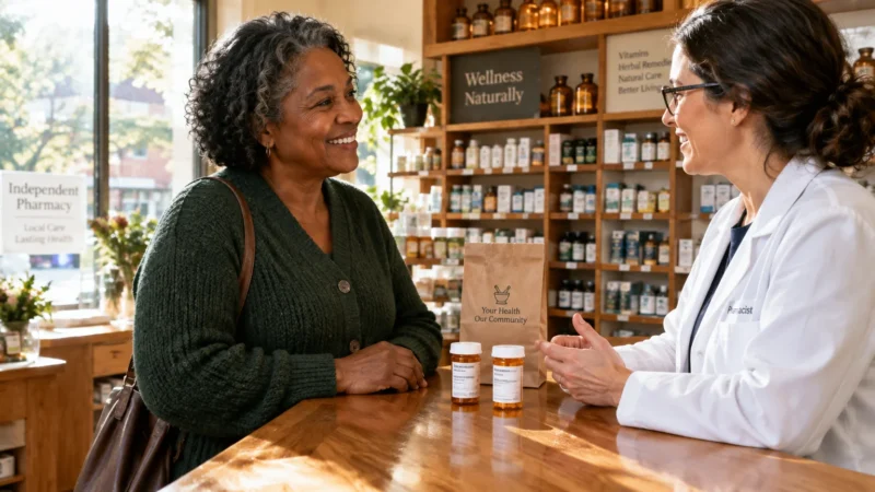 A pharmacist speaks with an older woman across a wooden counter with prescription pill bottles.