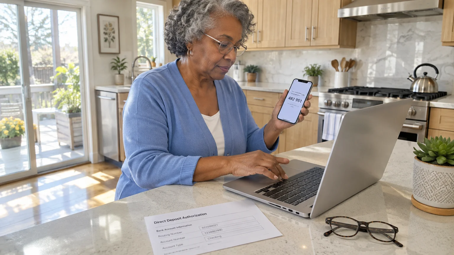 A woman sits at a kitchen counter using a laptop and holding a smartphone displaying a numerical passcode.
