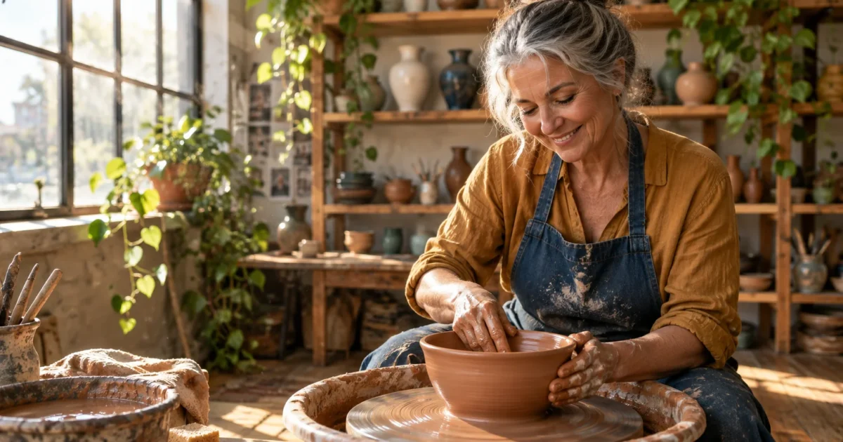 Smiling woman with gray hair shaping a clay bowl on a pottery wheel in a sunlit art studio filled with plants.