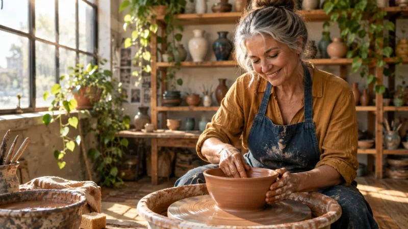 Smiling woman with gray hair shaping a clay bowl on a pottery wheel in a sunlit art studio filled with plants.