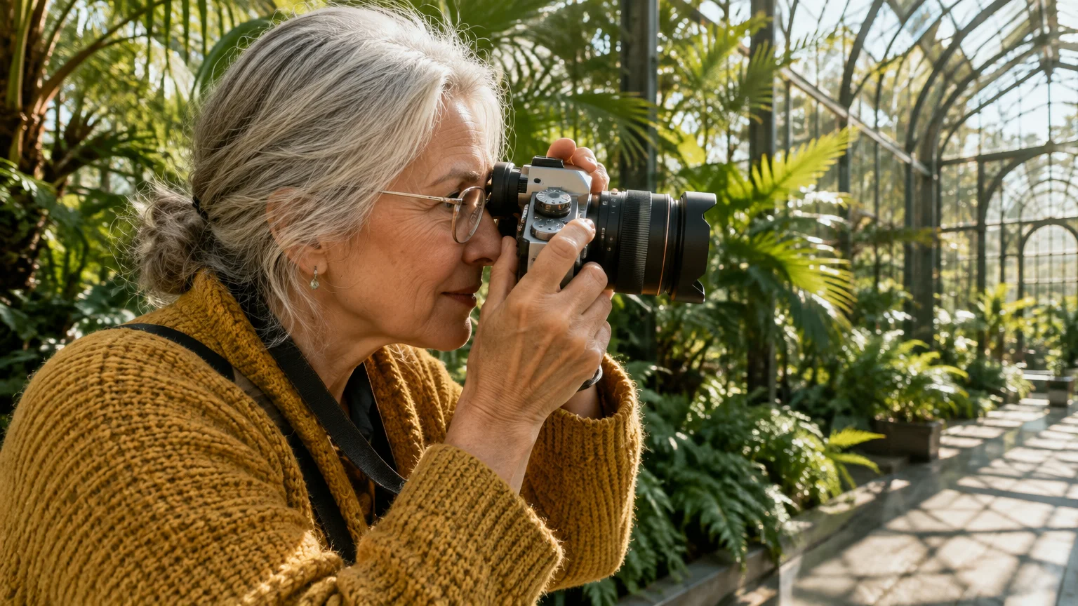 A senior woman with grey hair and glasses looks through the viewfinder of a camera inside a sunlit greenhouse.