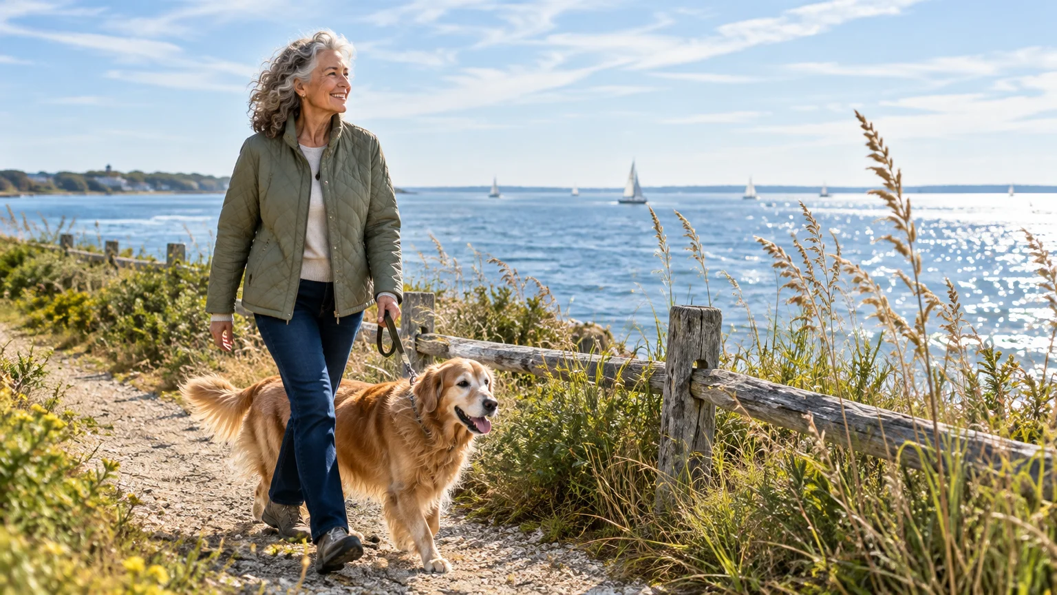 A smiling woman walks her golden retriever along a coastal path overlooking the ocean with sailboats in the distance.