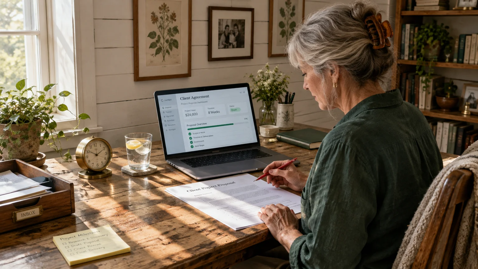 A senior woman sits at a wooden desk with a laptop, reviewing a printed client project proposal with a pen.