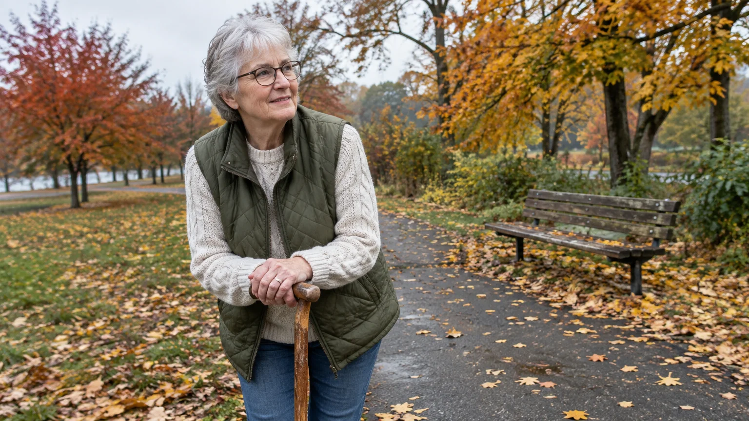 Older woman with short gray hair and glasses leaning on a walking stick along an autumn park path near a bench.