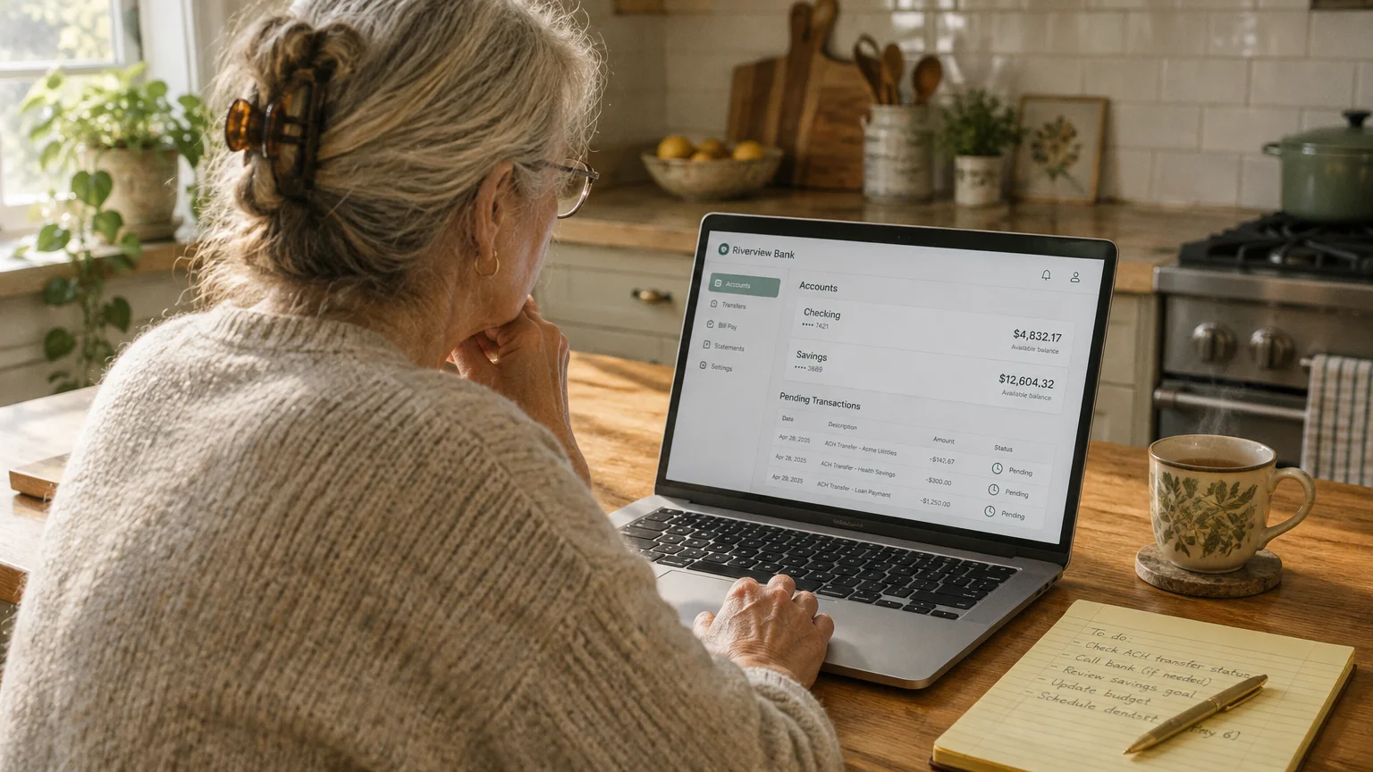 An older woman looks at pending transactions on an online banking webpage displayed on a laptop in a kitchen.