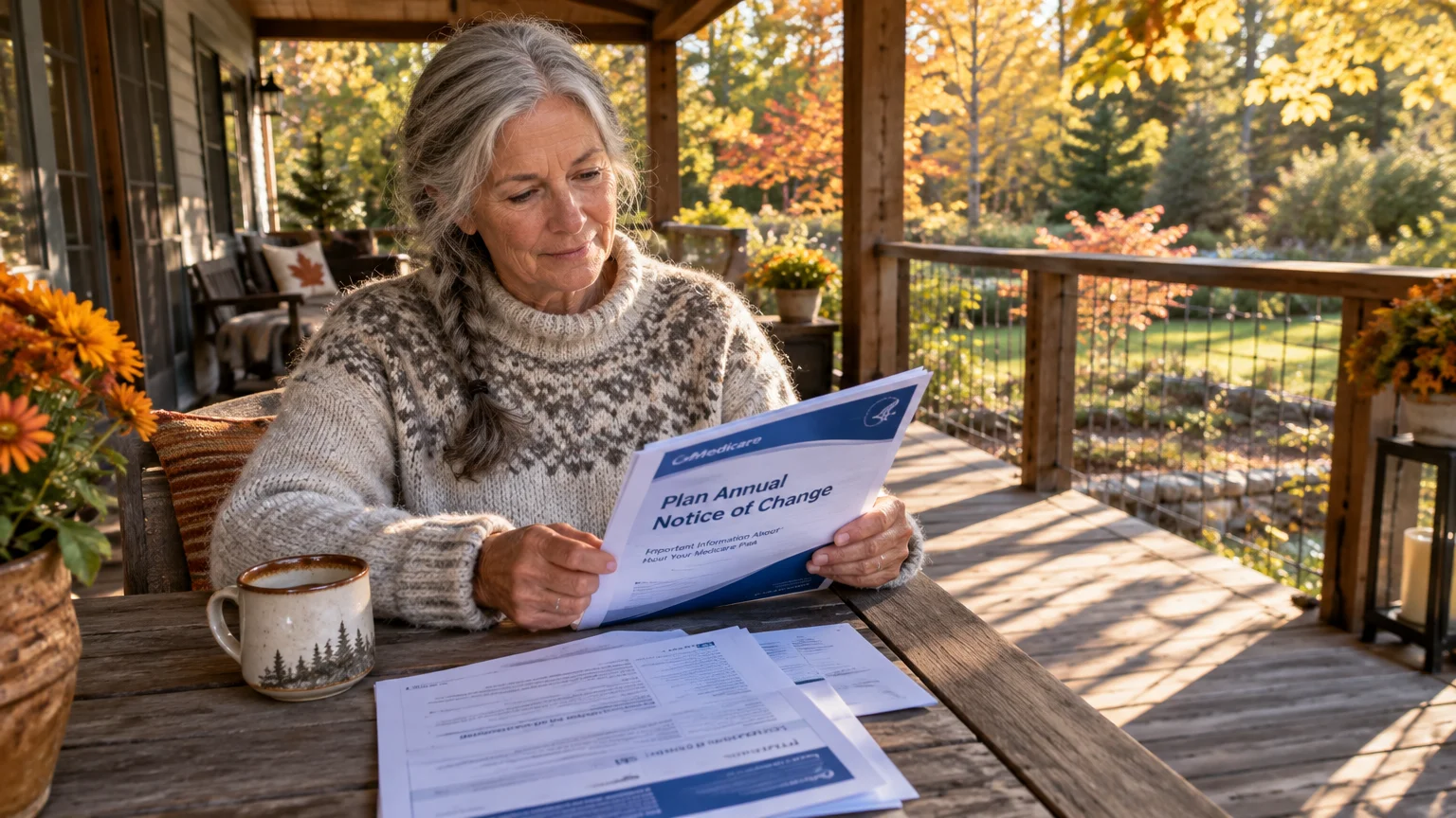 Woman sitting on a rustic wooden porch in autumn reading a Medicare Plan Annual Notice of Change document.
