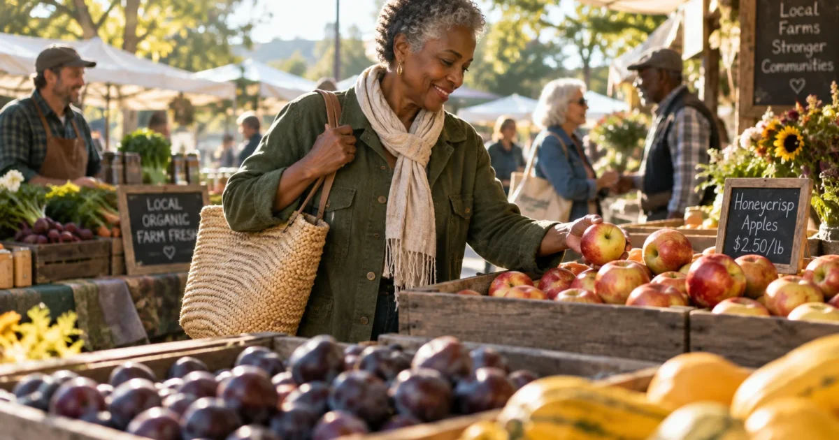 An older woman with curly gray hair smiles while selecting an apple at an outdoor farmers' market stall.