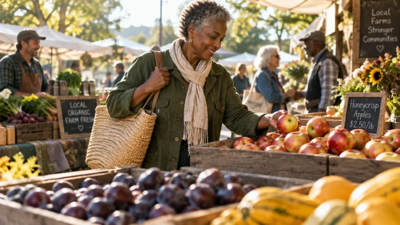 An older woman with curly gray hair smiles while selecting an apple at an outdoor farmers' market stall.