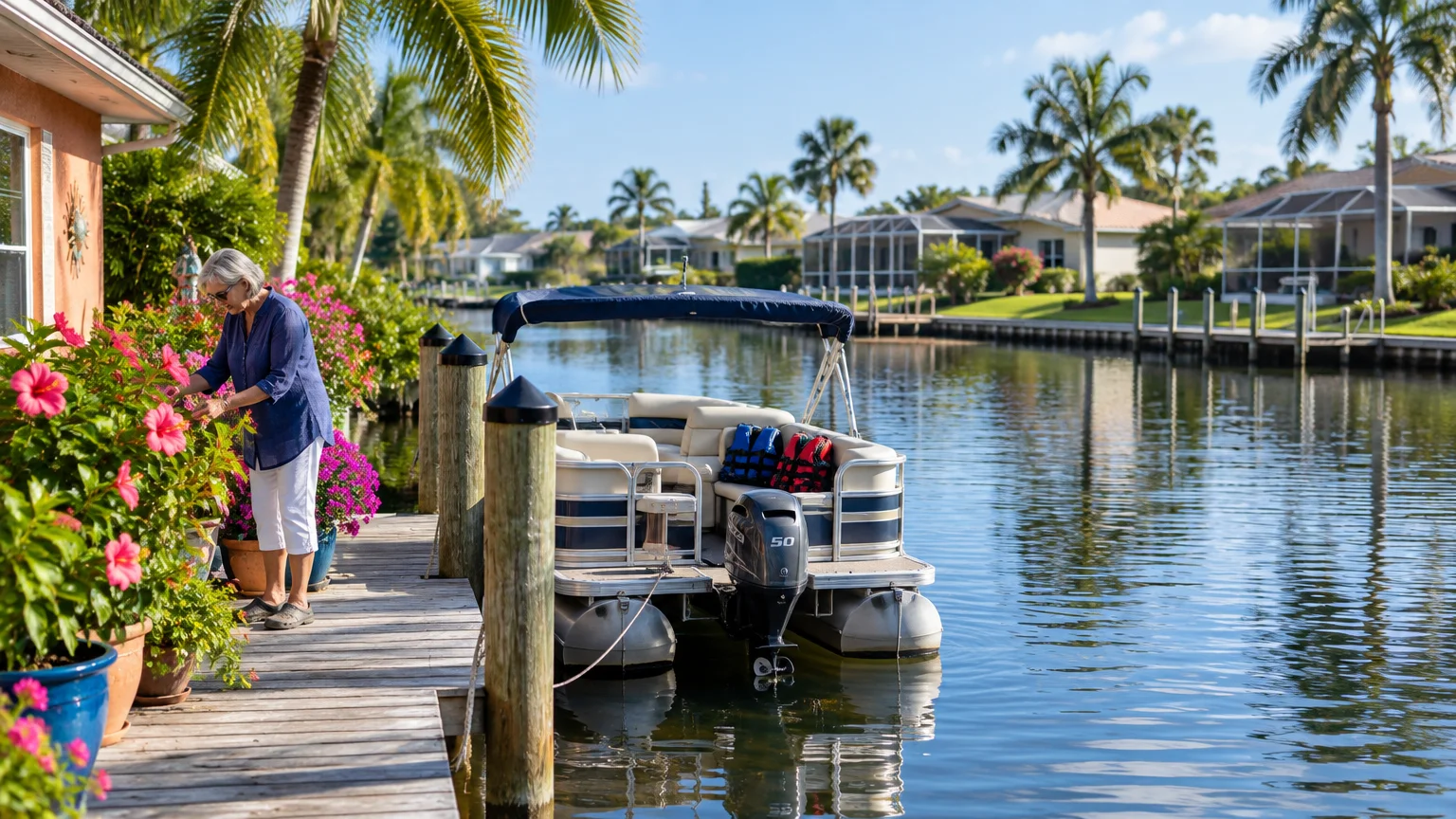 A woman tends potted flowers on a wooden dock beside a pontoon boat moored along a residential Florida canal.
