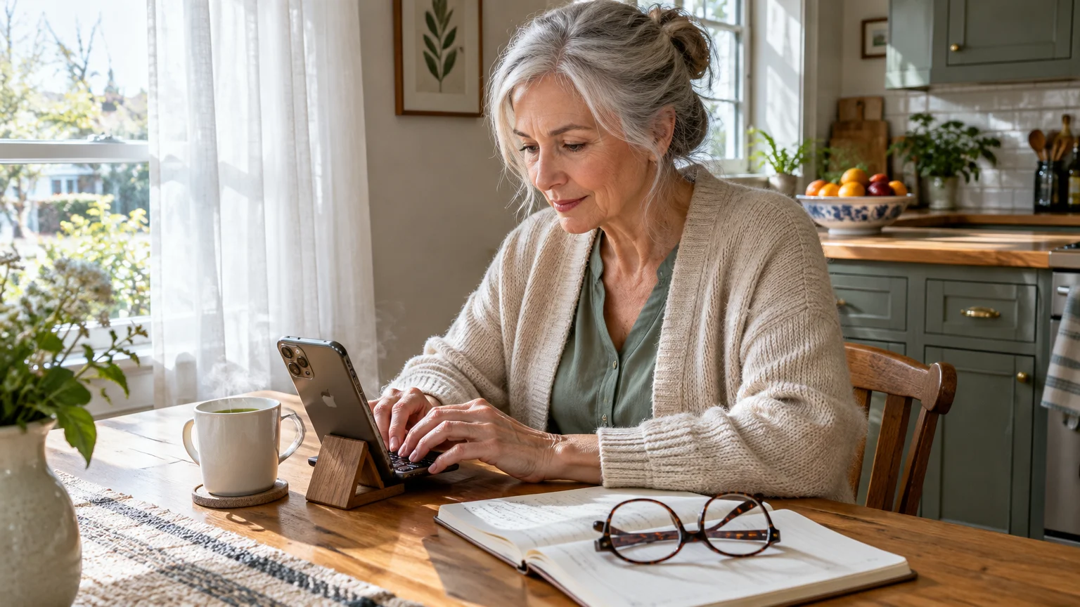 Senior woman sitting at a kitchen table typing on a smartphone propped on a wooden stand near a notebook.