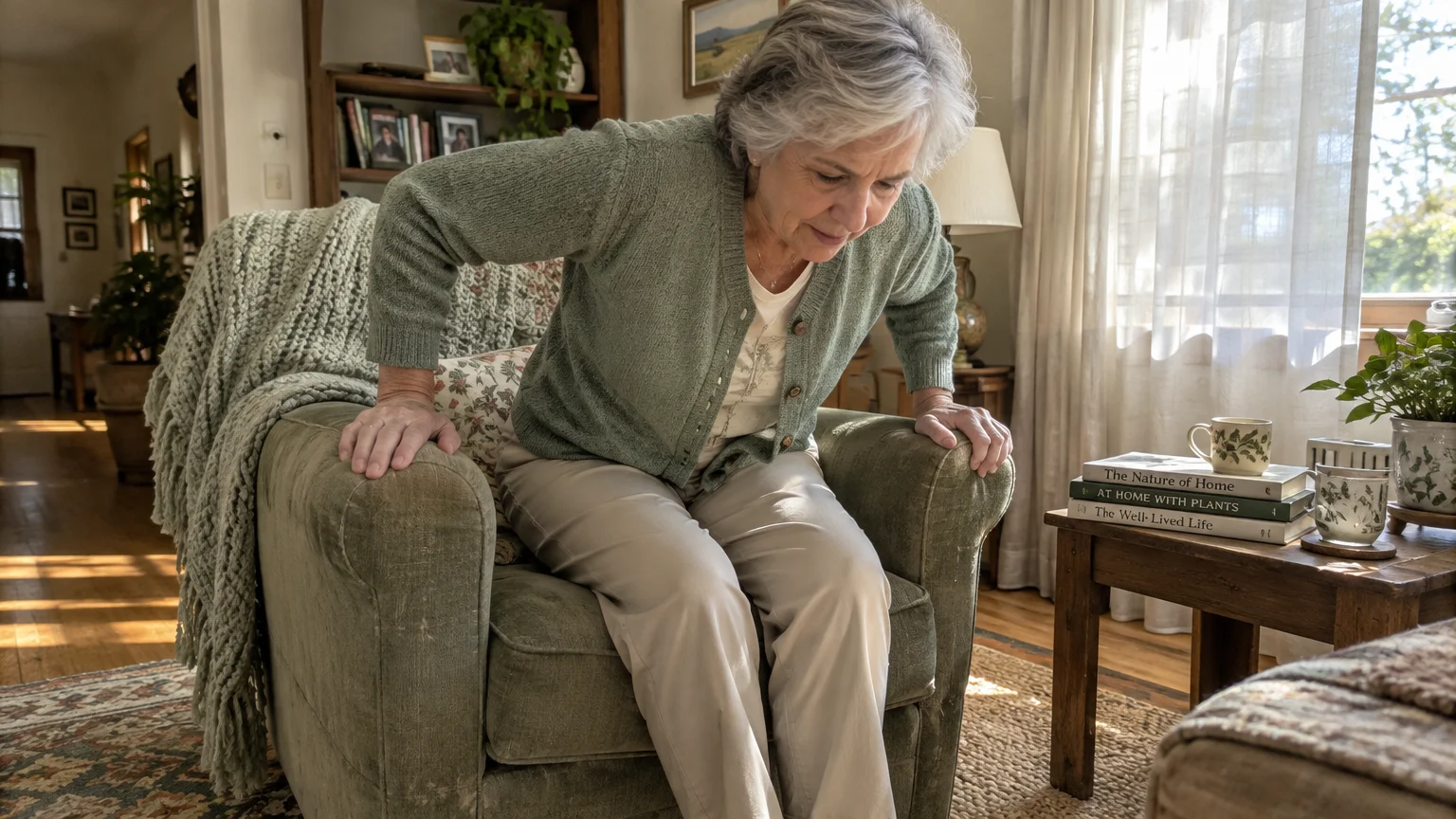 An older woman with grey hair pushes down on the armrests of an armchair to stand up in a sunlit living room.