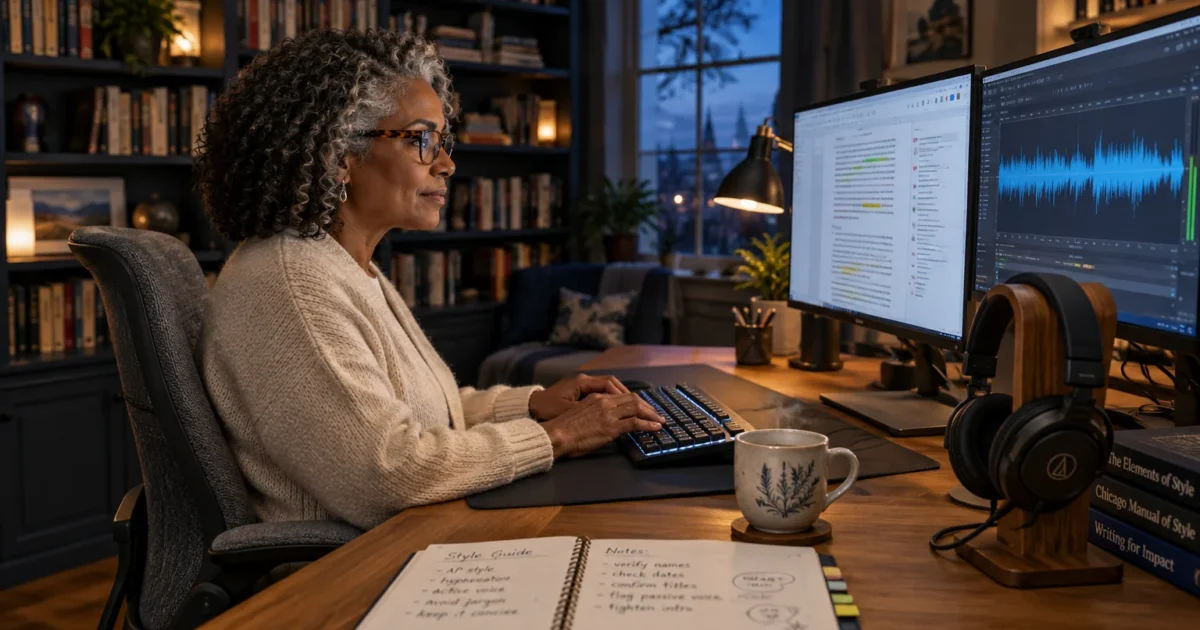 Mature woman wearing glasses works at a desk with dual monitors displaying text and audio waveforms in a cozy home office.
