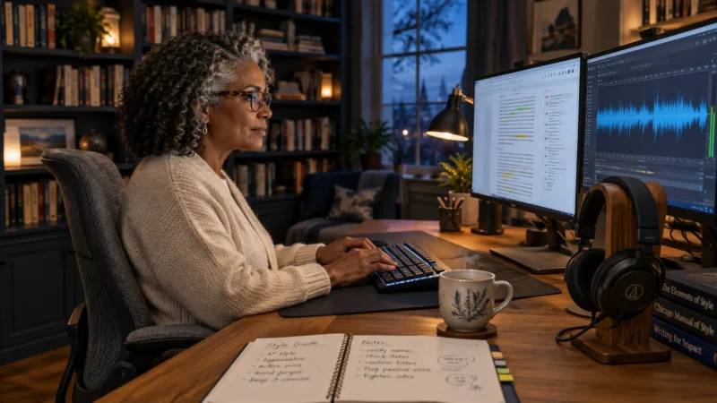 Mature woman wearing glasses works at a desk with dual monitors displaying text and audio waveforms in a cozy home office.