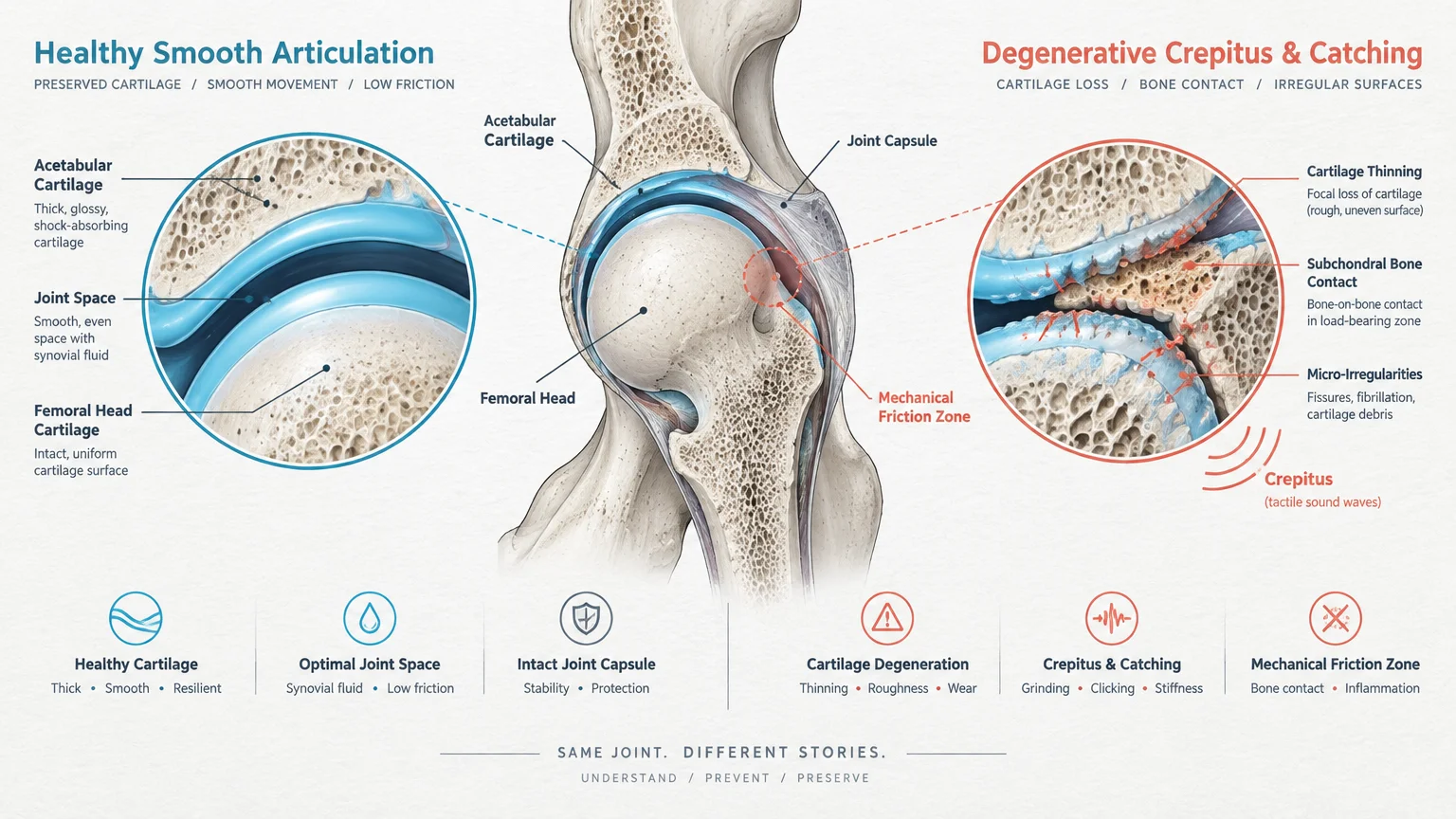 Diagram comparing healthy smooth hip cartilage against degenerative bone contact, cartilage thinning, and crepitus.