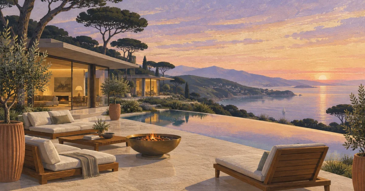 Illustration of a luxury villa terrace with infinity pool, fire bowl, lounge chairs, and coastal sunset view.