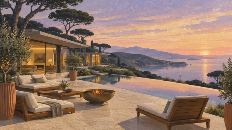 Illustration of a luxury villa terrace with infinity pool, fire bowl, lounge chairs, and coastal sunset view.