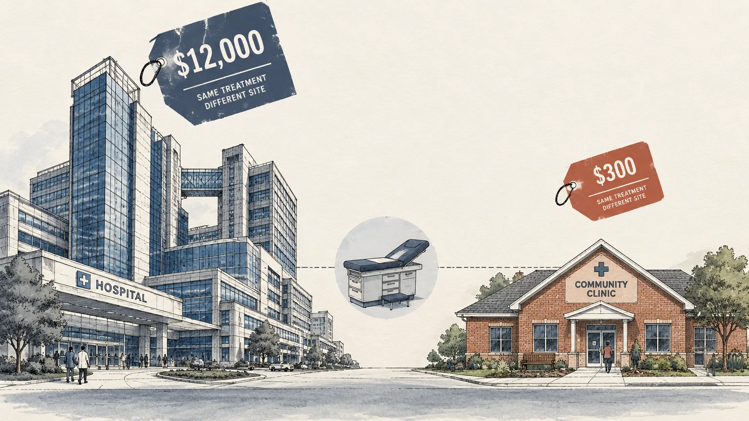 Illustration comparing a large hospital tagged at $12,000 with a small brick community clinic tagged at $300.