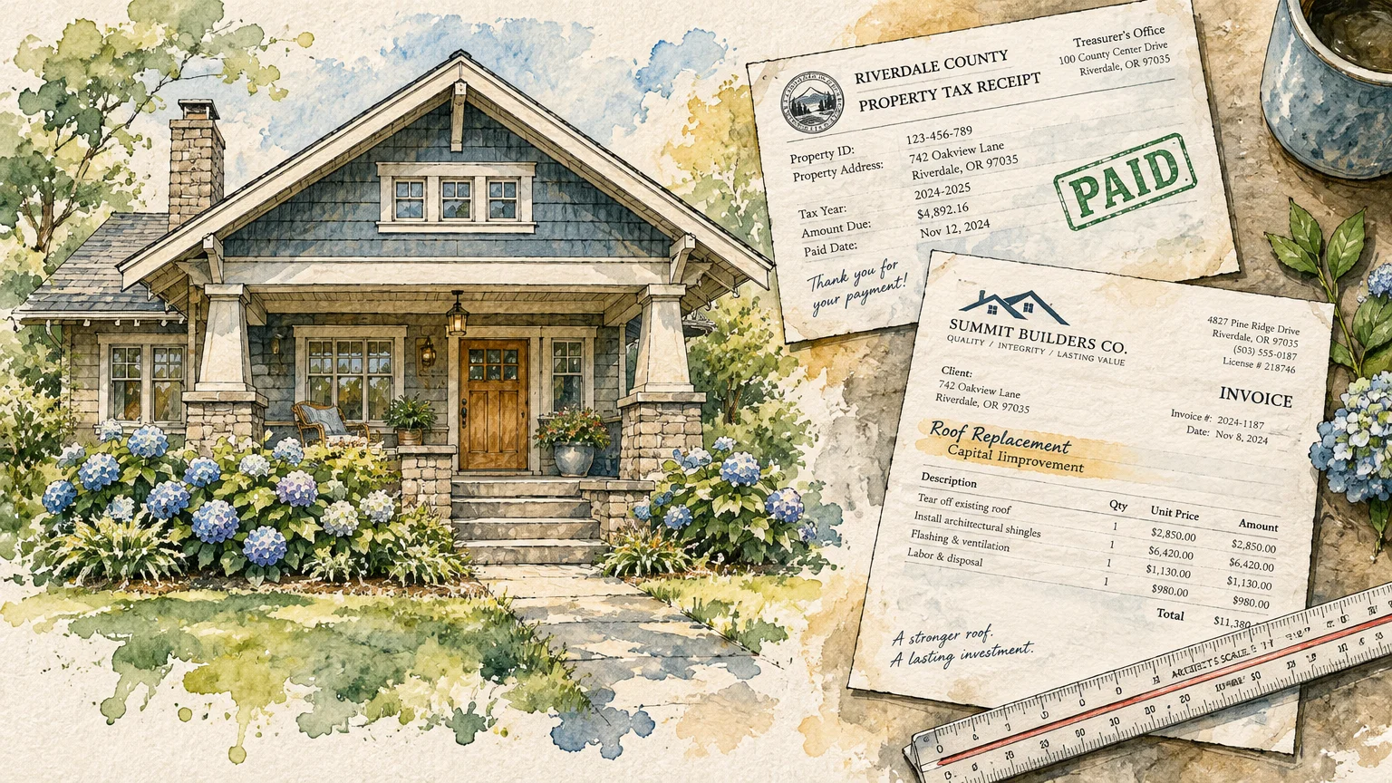 Watercolor house with hydrangeas beside a paid property tax receipt, a roof replacement invoice, and an architect's scale.