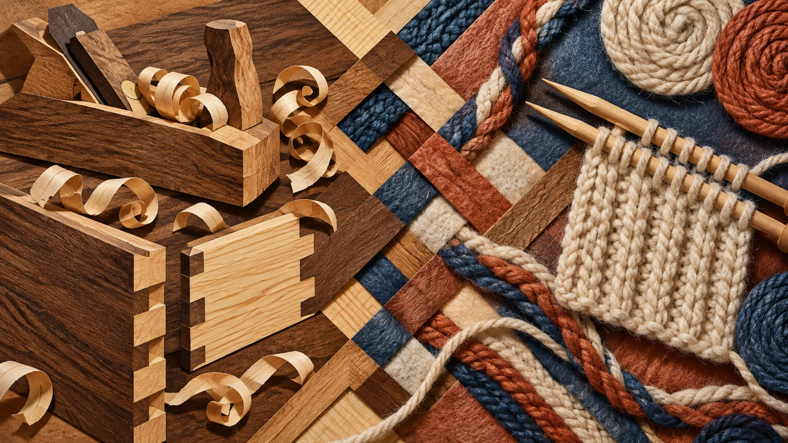 Cut-paper collage blending woodworking tools, dovetail joints, and wood shavings with knitting needles and textured yarn.