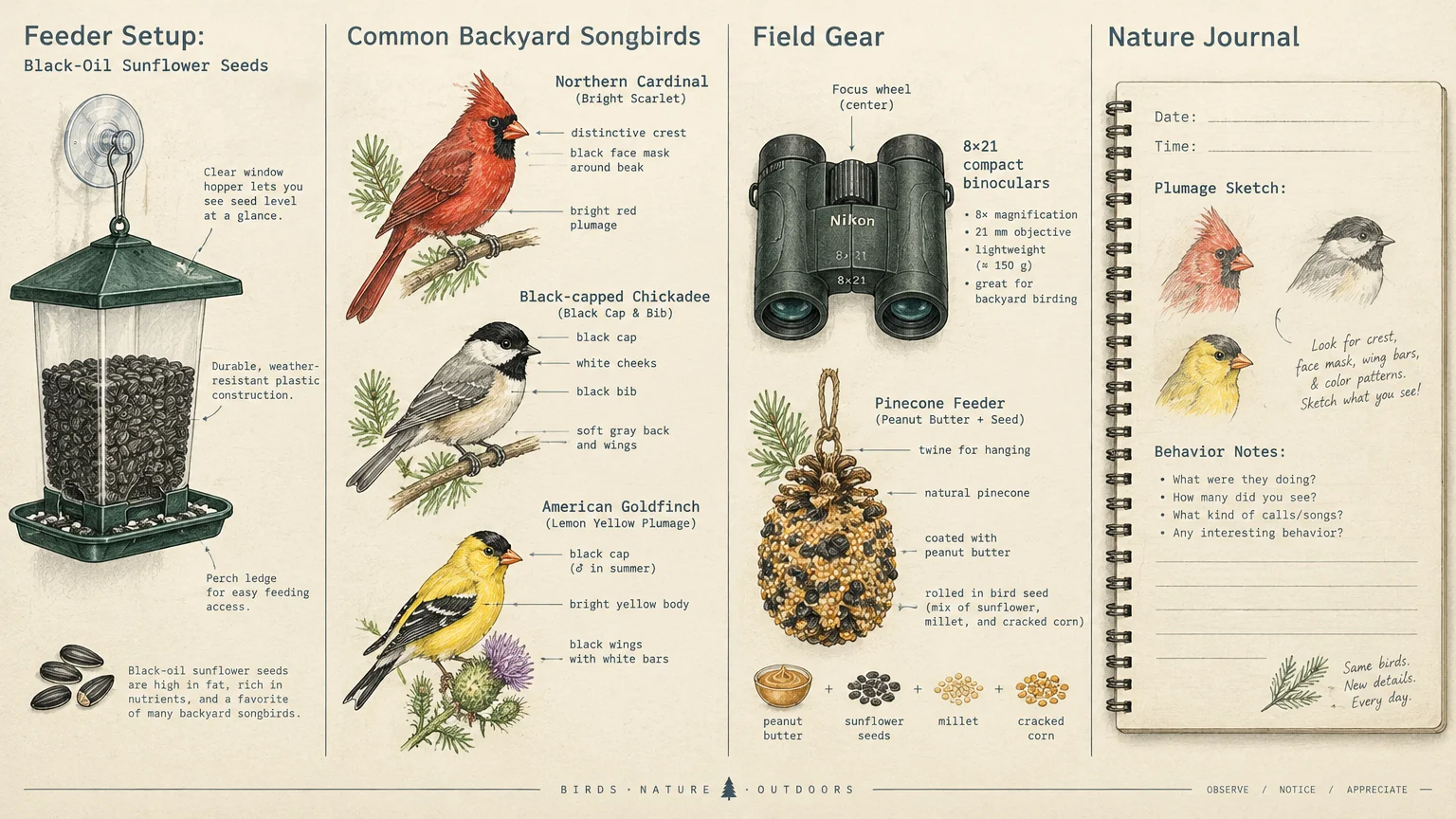 Illustrated guide featuring a window bird feeder, songbirds, binoculars, a pinecone feeder, and an open nature journal.